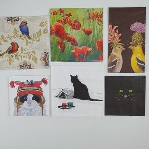 Lot 6 individual assorted napkins cats birds poppies